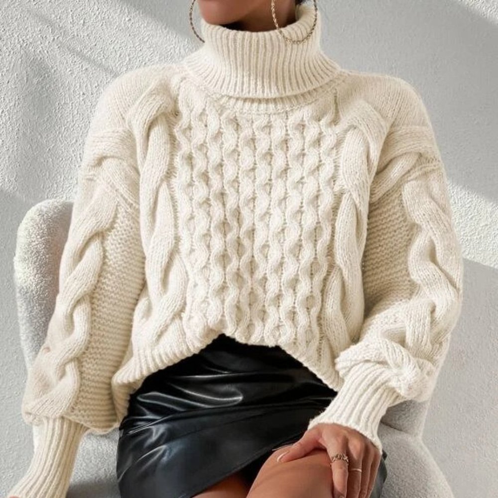 Beige Cable Knit Pullover Sweater - Picture 2 of 4